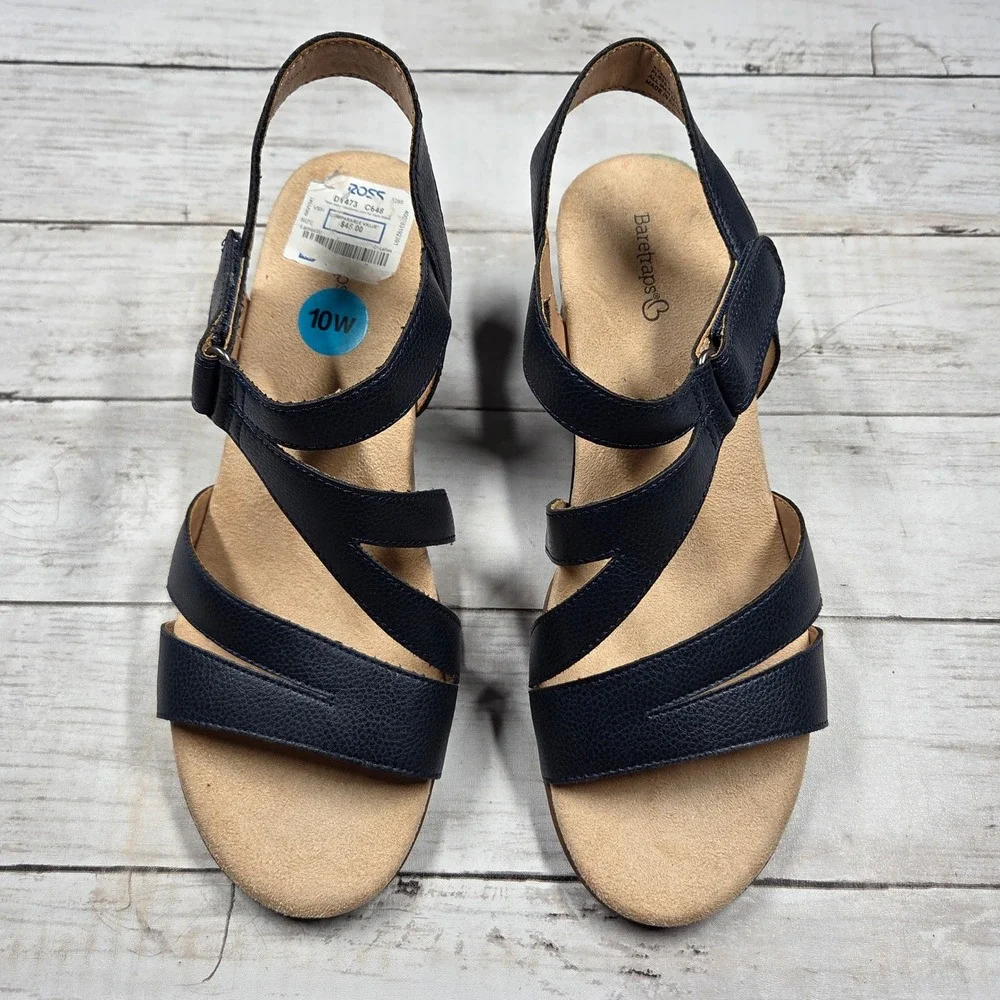 Baretraps Kyann Wedge Sandal Womens 10W Navy Blue Strappy Comfort‎ Slingback Low